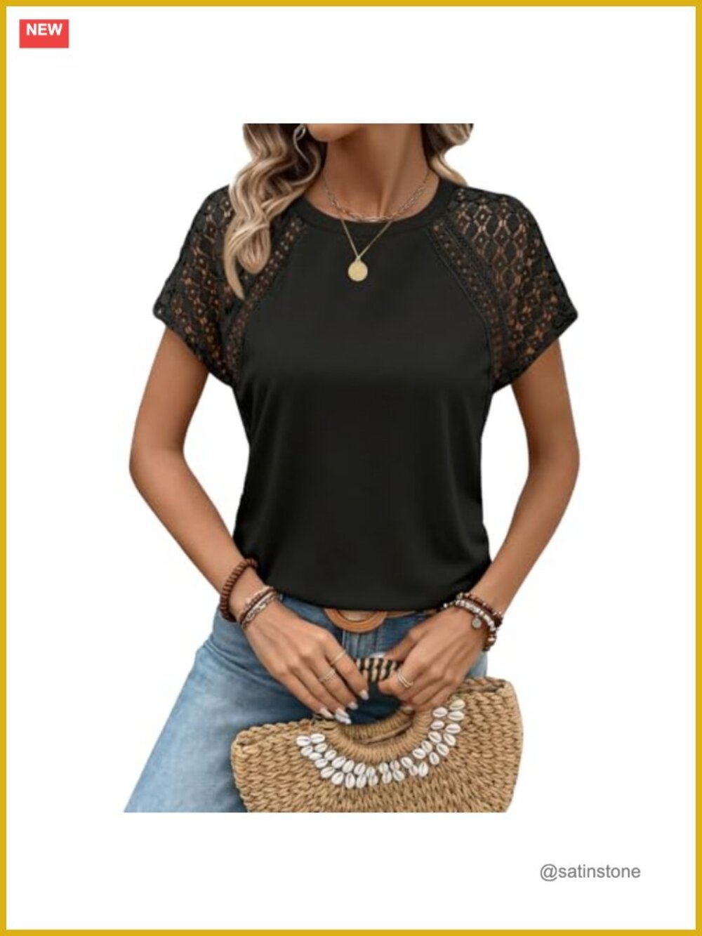 Lace Short Sleeve Crew Neck Women's T-Shirt Summer Casual Top